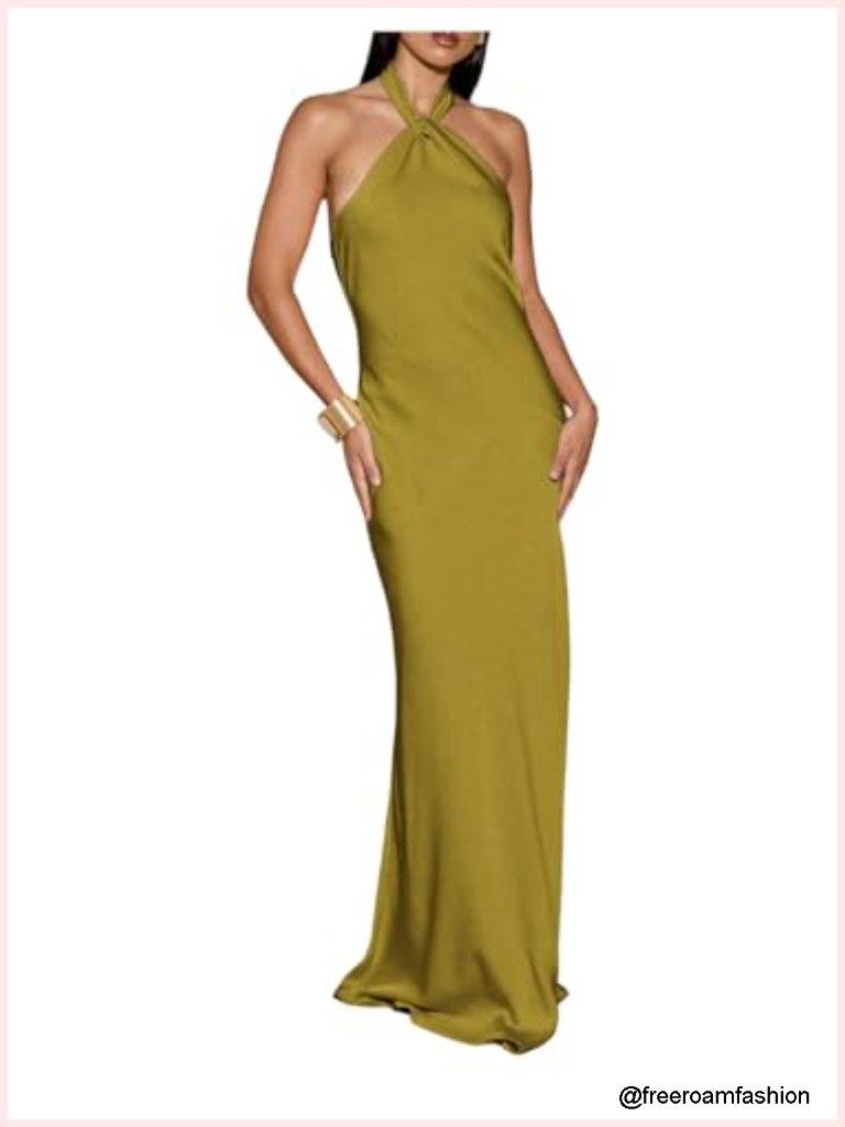 Satin Halter Maxi Dress Open Back Sleeveless Bodycon Evening Party